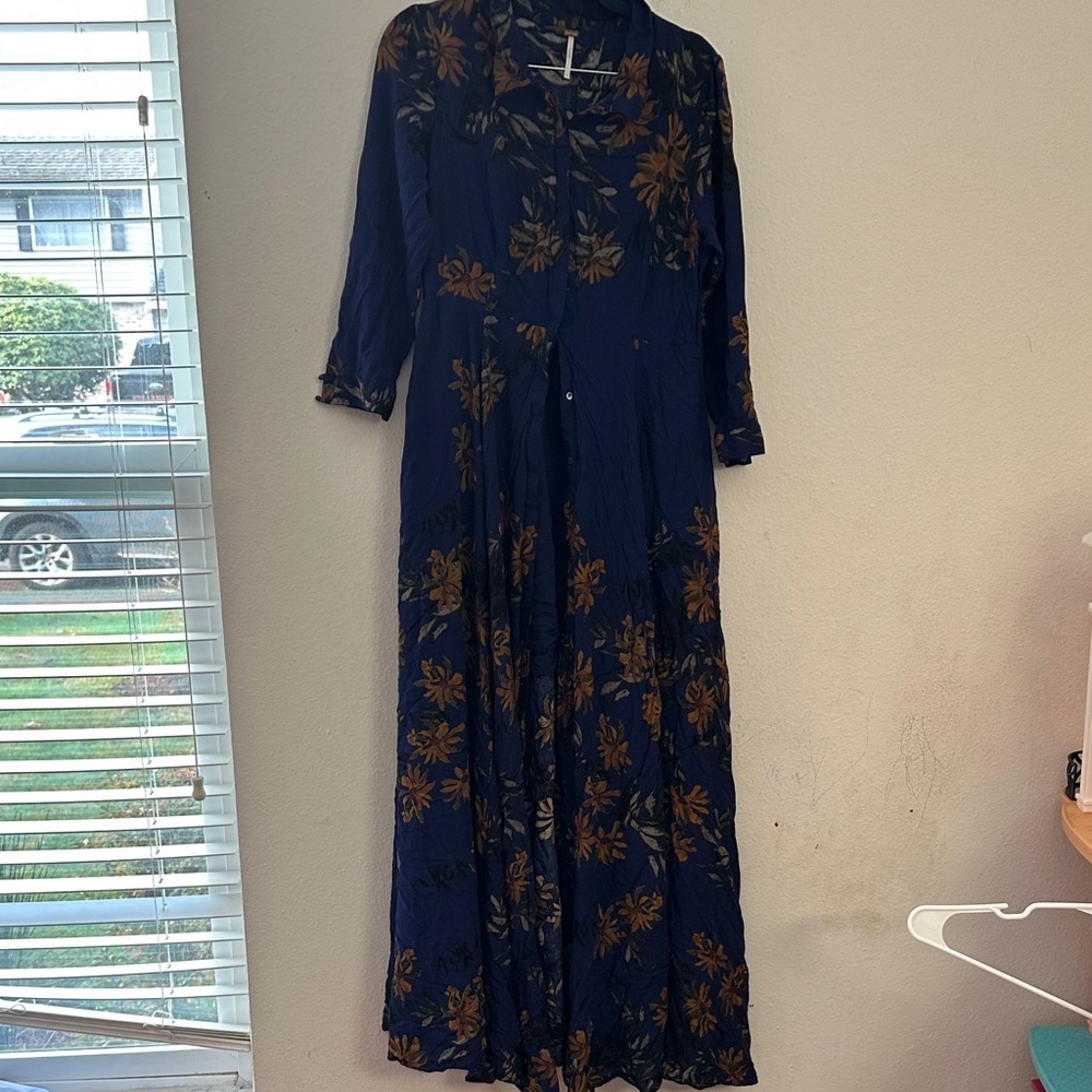 Free People Navy and Gold Floral Long Sleeve Dress